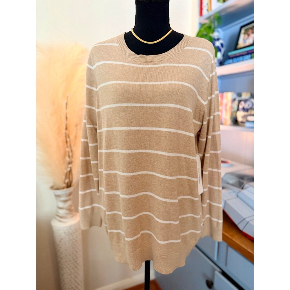 Calvin Klein Khaki White Striped Crewneck Sweater Size L NWT Neutral Knit